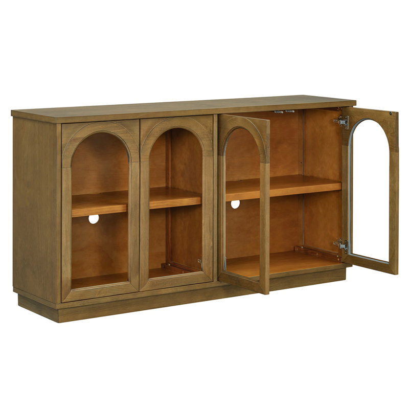Grande armoire de rangement à 4 portes avec portes en verre, conception arquée et tablettes réglables pour une utilisation polyvalente dans la cuisine, la salle à manger et le salon