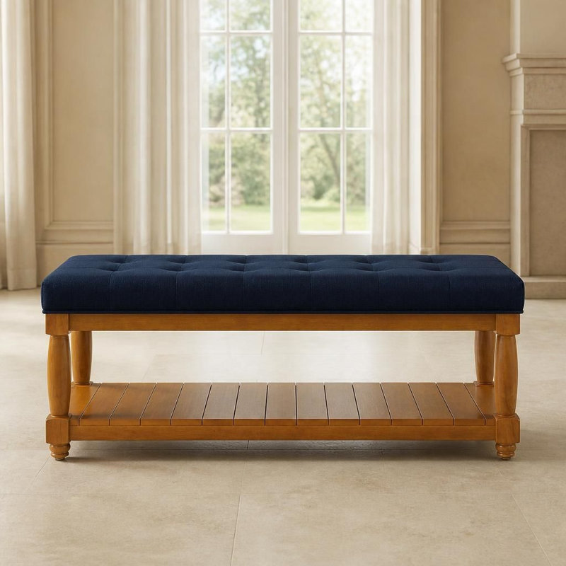 Banc rembourré capitonné en lin avec tablette de rangement fonctionnelle et pieds en bois massif, sièges d'appoint polyvalents, sièges confortables robustes et assemblage facile