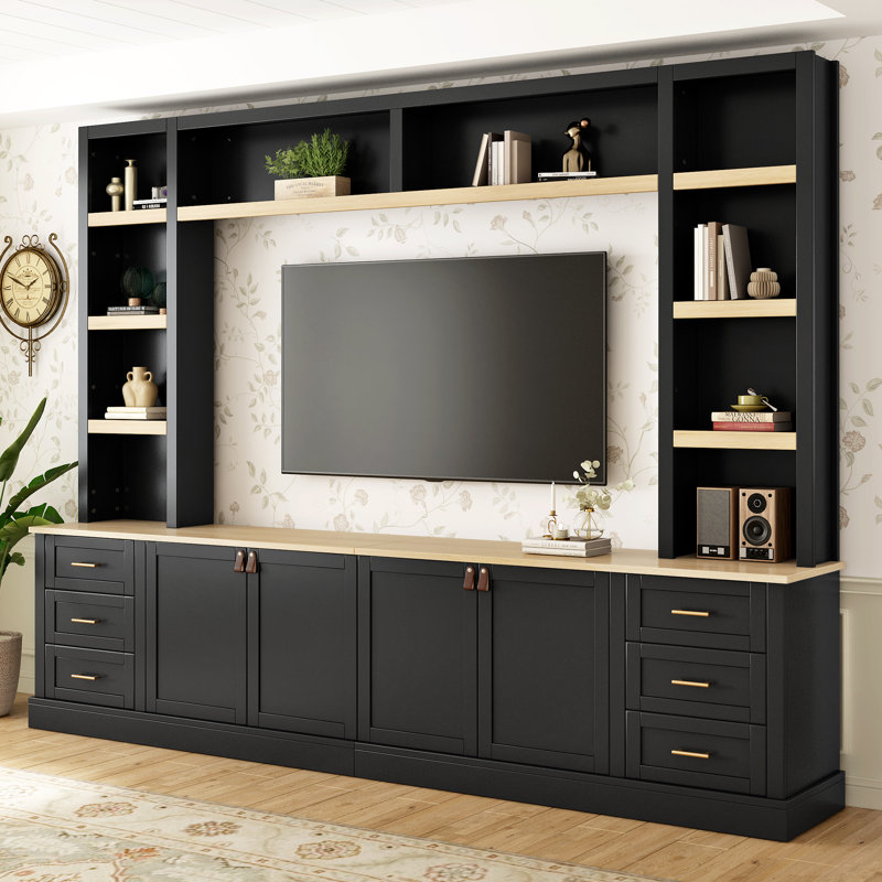 Entertainment Center With Bookshelves, 6 Drawers And 2 Cabinets, Black