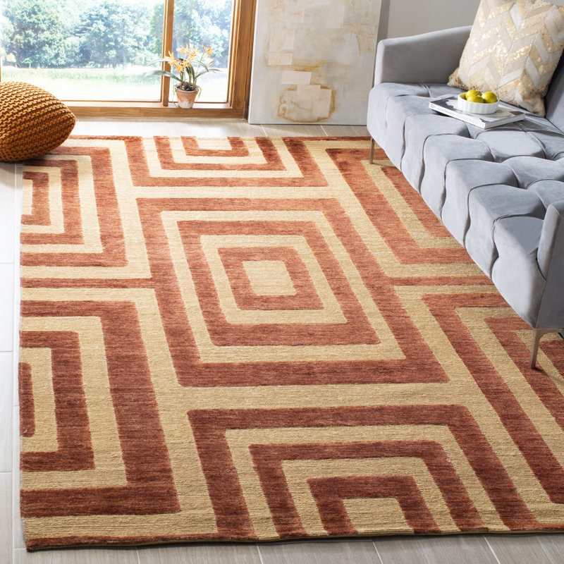 Tapis géométrique doré clair en laine noué à la main Zeled Santa Fe, Rectangle 6 pi x 9 pi