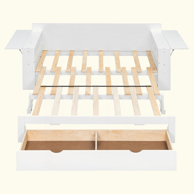 Daybed With Removable Desk, Storage Drawers & Hydraulic Side Table, Full, White