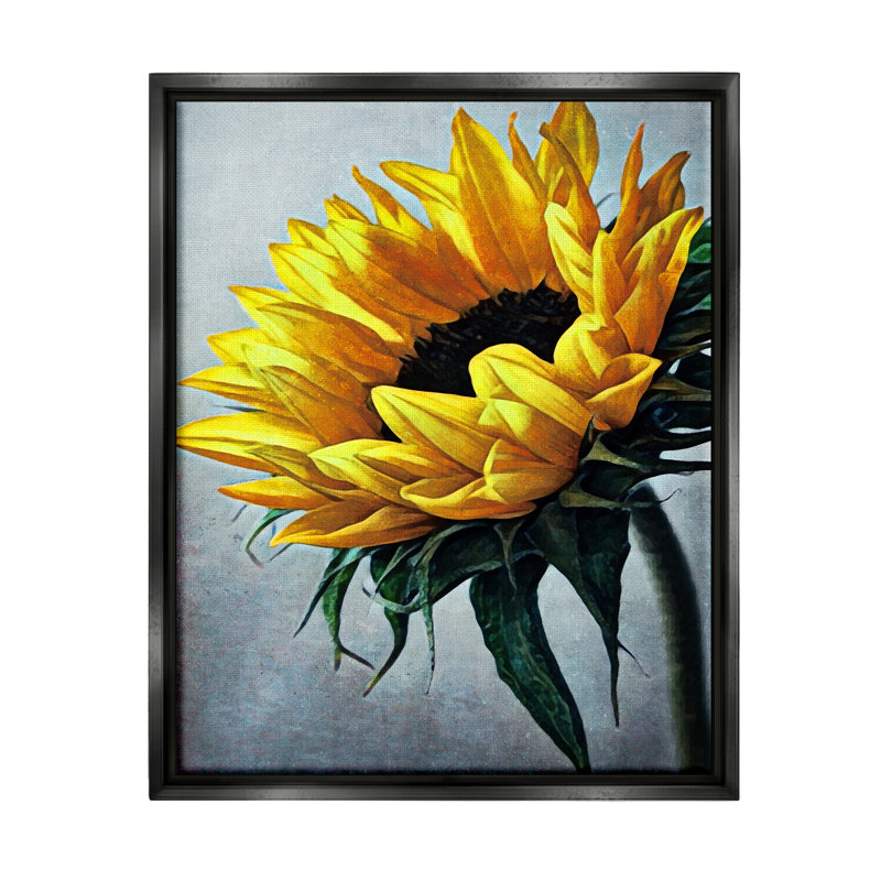 Art mural jaune sur toile flottante jaune, tournesol, Cadre flottant noir de jais, H 21 po x l 17 po x P 1,7 po