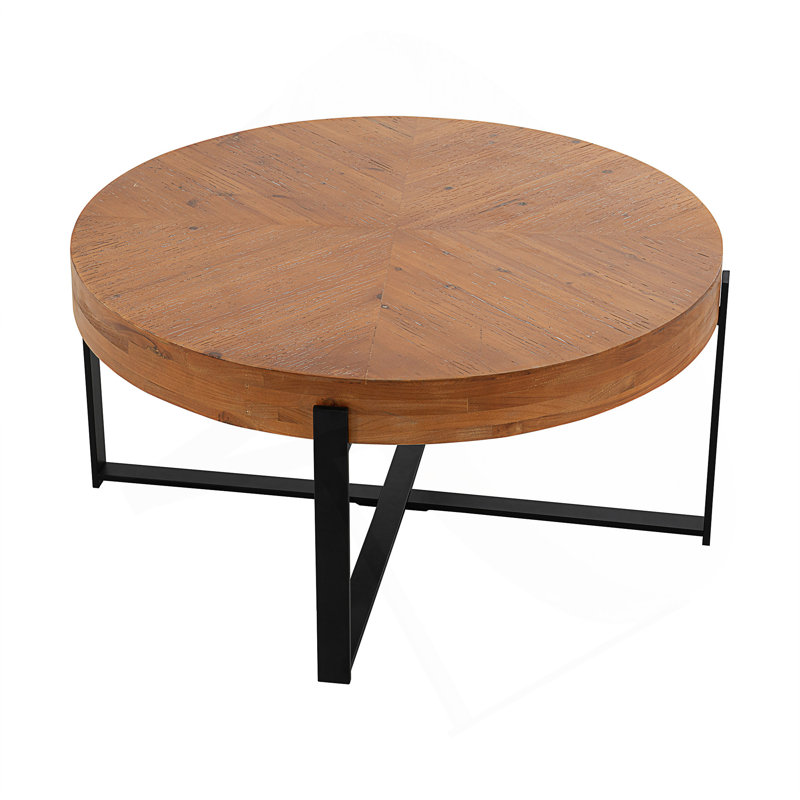 Table basse moderne d'épissure rétro moderne, plateau en bois de sapin, Naturel, H 17,72 po x L 33,86 po x l 33,86 po, Noir