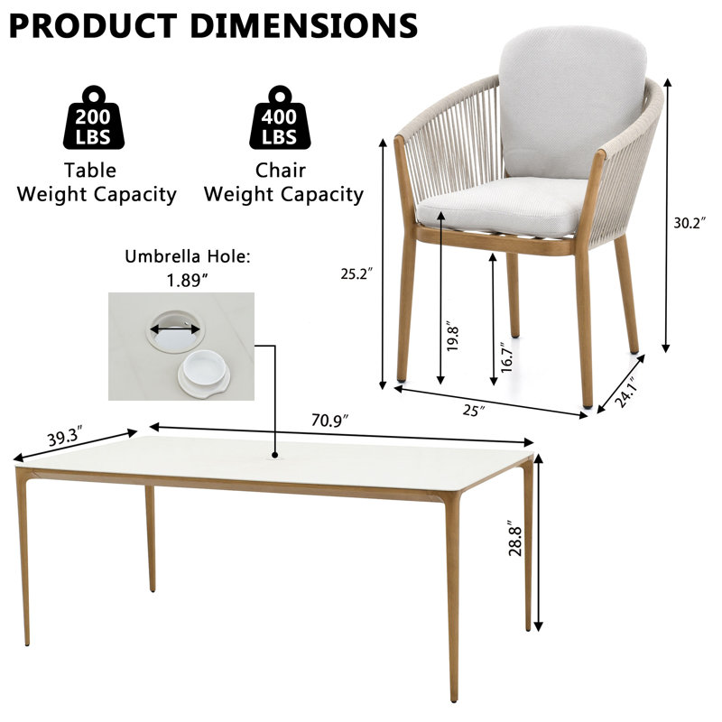 Turin 6 - Person Patio Dining Set with Rectangular Table , Cushions Included