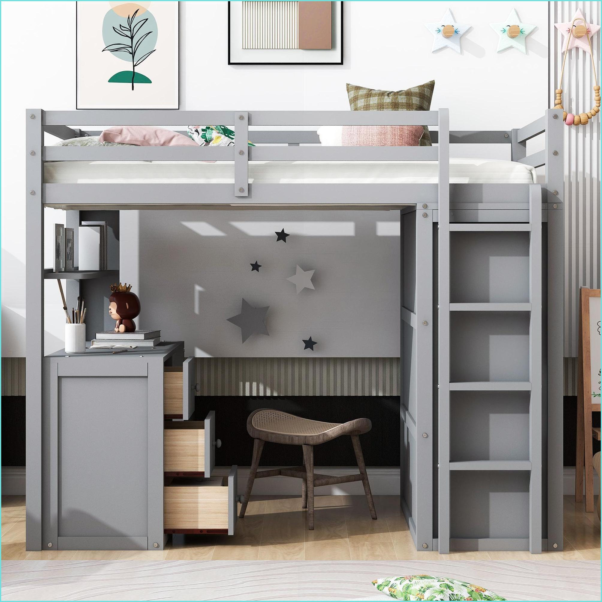 Ebern Designs Pine Wood Loft Bed with Desk Drawers & Wardrobe - Space ...