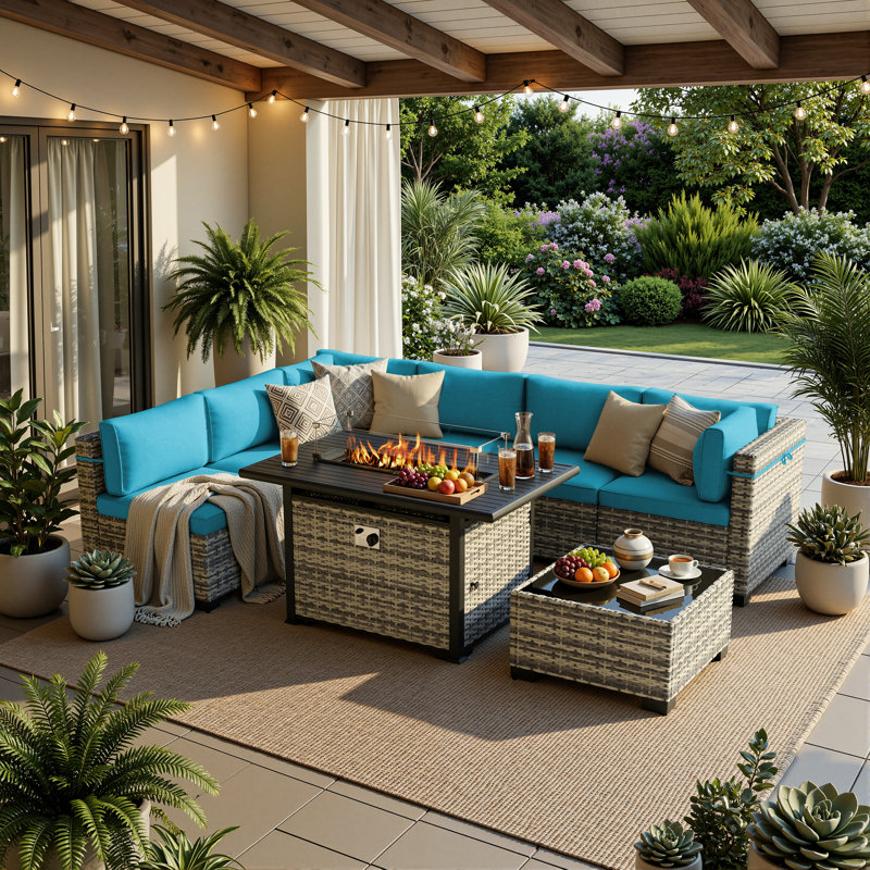Ensemble de conversation modulaire d'extérieur 8 pièces avec table et coussins pour foyer au propane, Bleu turquoise