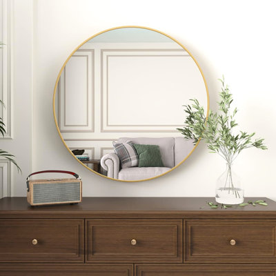 Miroir mural rond en métal doré 32 pouces - Accessoire de décoration de salle de bain moderne, verre, cadre rouillé, installation facile pour panneau de densité de HD contemporain, quincaillerie renforcée