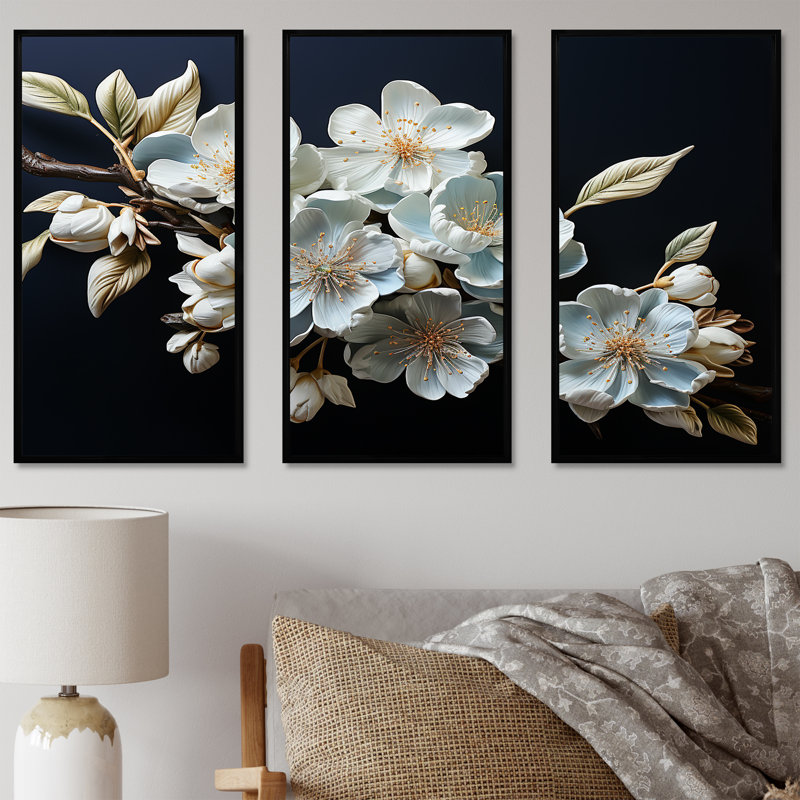 Minimalisme, art floral sur fond blanc, Cadre flottant noir, H 40 po x l 60 po x P 1 po
