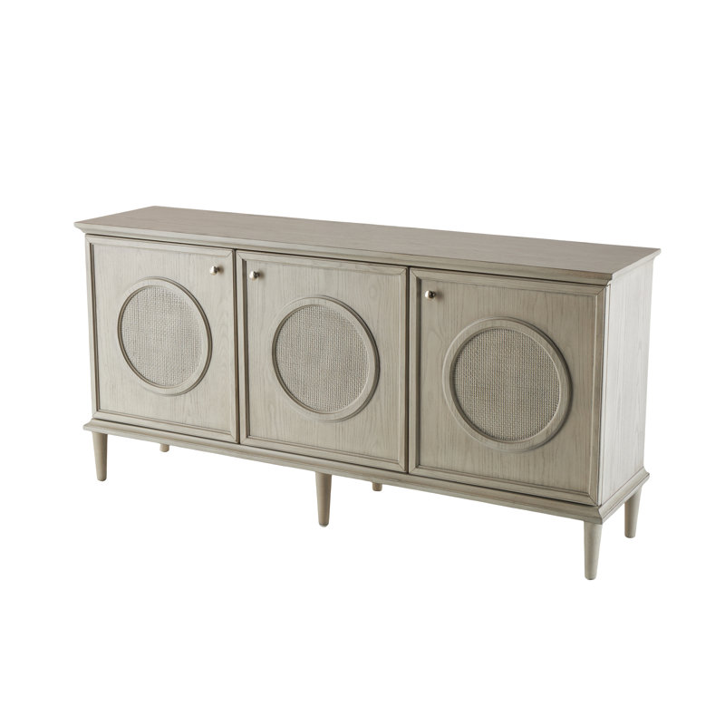 Light Gray Wooden Washed Circular Woven Rattan 3 Door Media Credenza Sideboard with Round Silver Knobs, 66" x 16" x 33"
