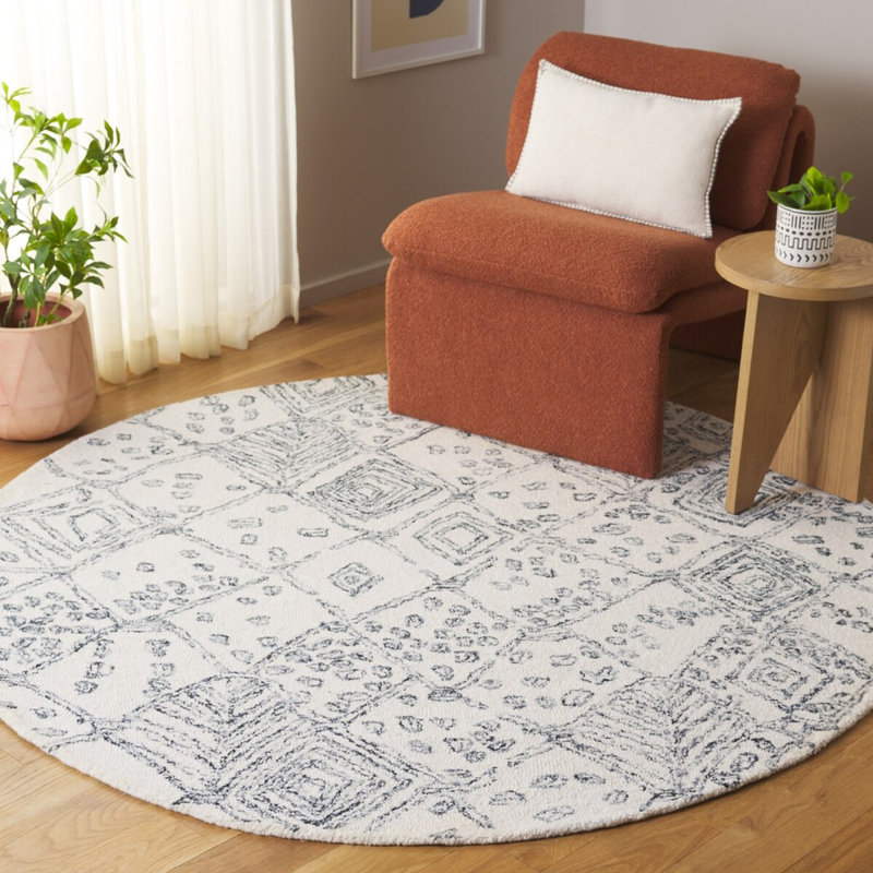 Ebony 929 Hand Tufted Wool/Cotton Geometric Shapes Rug in Ivory/Gray, Round 6'