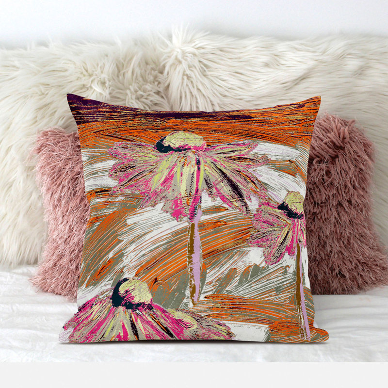  Housse et insert de coussin carré en polyester intérieur / extérieur, 26 po x 26 po, Blanc / orange / rose