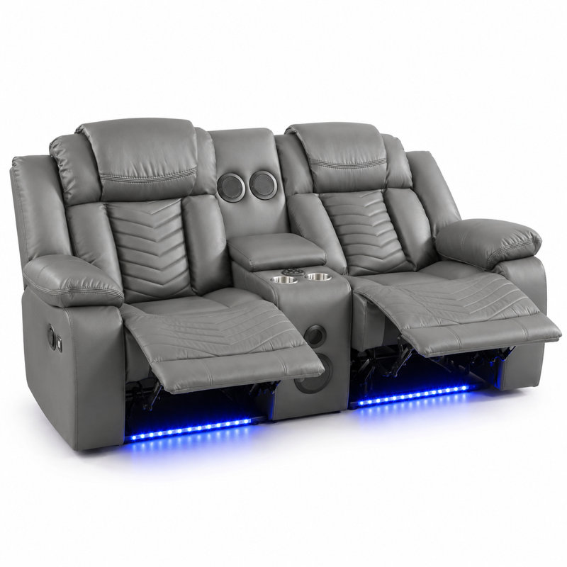Fauteuil inclinable manuel, canapé deux places en similicuir avec console, éclairage DEL et ports de chargement USB-C pour salon