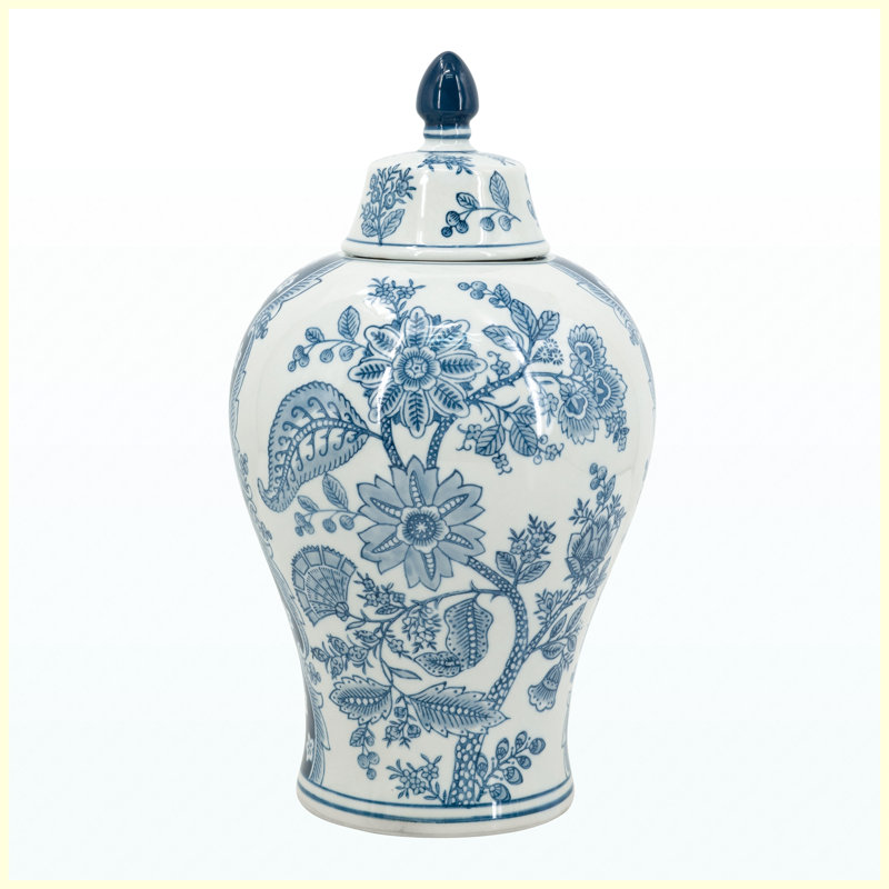 Vase de rangement décoratif en porcelaine bleue et blanche 8,3 x 14,6 pouces avec motifs floraux, vase de rangement