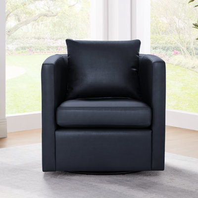 Chaise pivotante revêtue de similicuir bleu minuit, avec tissu, coussin de siège à ressorts ensachés et cuir pivotant à 360 degrés avec coussins de dossier réversibles