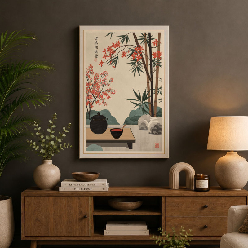 Still Life in Green Japandi - Wrapped Canvas, 36x24 - 91.4 x 61.0 cm, Cream Border