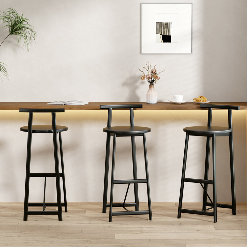 27''H Barstool Set Of 3 Wooden Round Bar Stools With Footrest Modern Kitchen Chairs For Counter