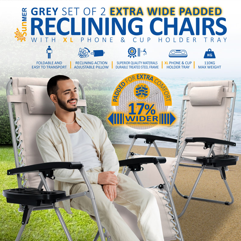 SUNMER Padded Extra Wide Recliner Chairs (Set Of 2), Grey