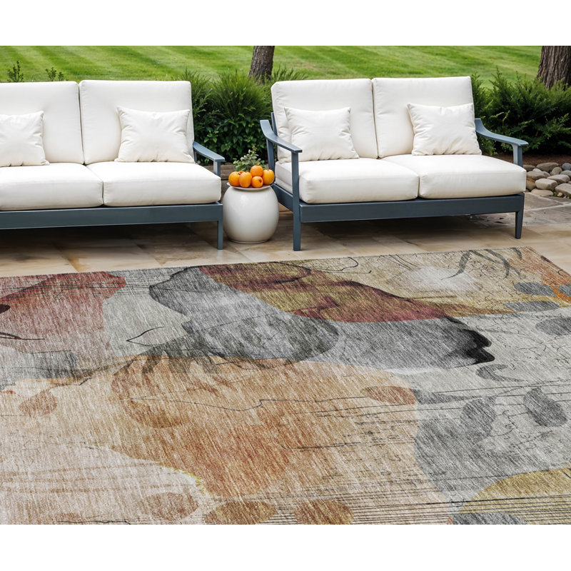 Tapis extérieur lavable floral 8 pi x 10 pi cuivre et beige terre cuite