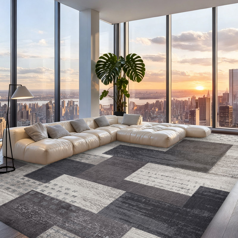 Machine Washable Geometric Area Rug - Ultra Soft Faux Cashmere with Non-Slip Backing, Modern Color Block Design in Black/White