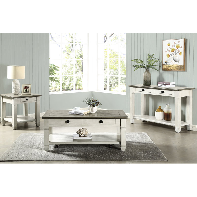 Table basse en bois avec 2 tiroirs et espace de vie décontracté dans une étagère à 2 tons Rosy Brown, Blanc antique