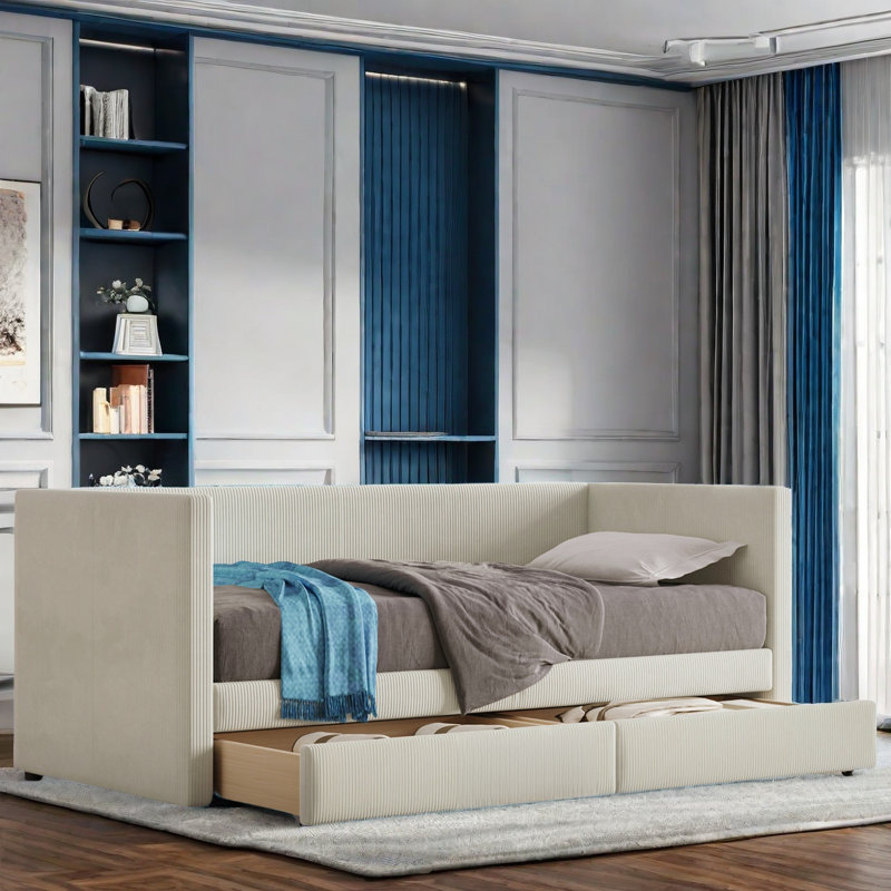 Iyania Daybed with Two Drawers and Wood Slat, Beige