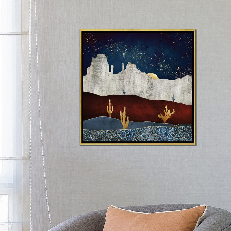 «Moonlit Desert» par Spaceécur Designs - impression, H 26 po x l 26 po x P 1,5 po, Toile encadrée d'or, Pas de tapis