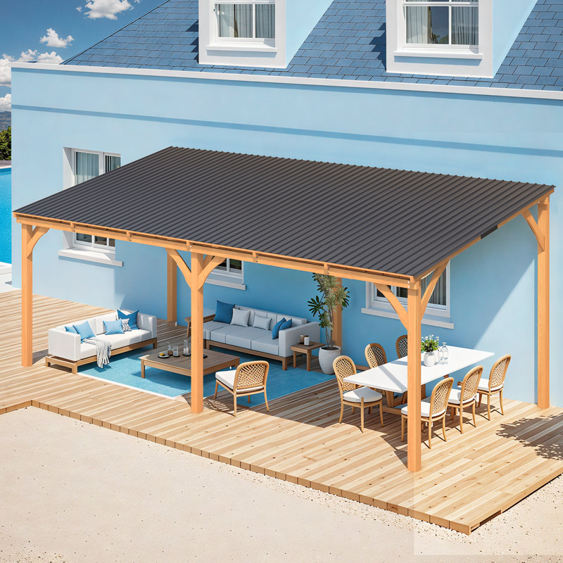 Patio Wood Lean To Hardtop Pergolas, 96.5" H x 234" W x 115" D