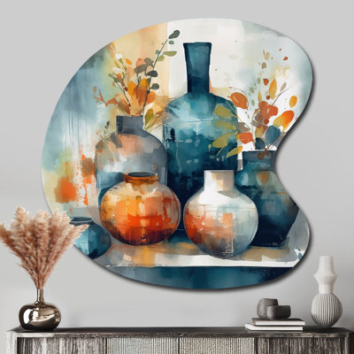 «Blue and Orange Artisanal Boho Pottery I», reproduction d'art de sculpture murale asymétrique