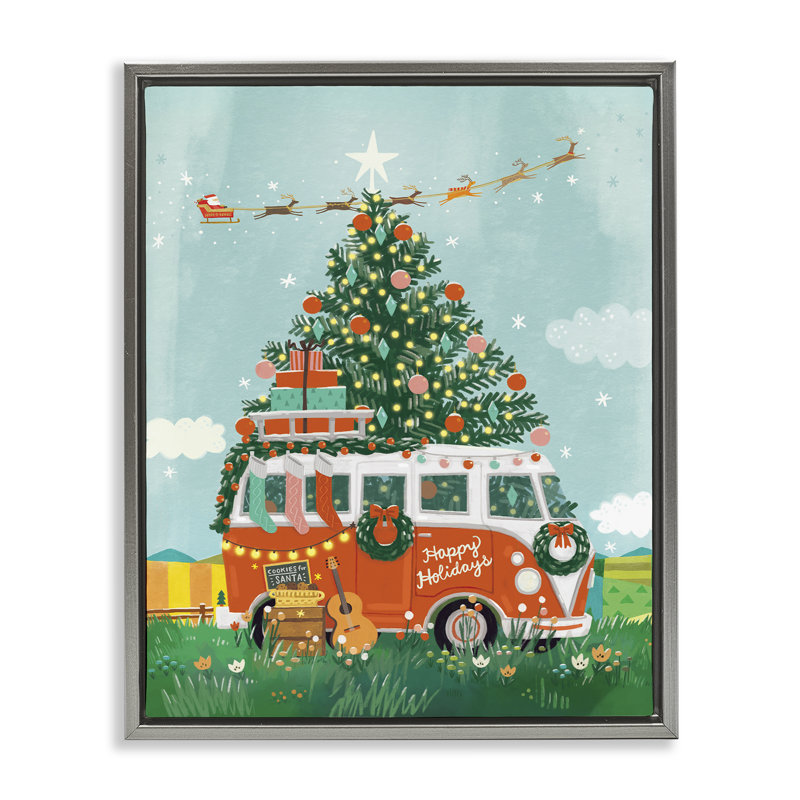 «Christmas Van Hangout», art mural sur toile par Irene Chan, H 25 po x l 31 po, Cadre flottant gris lustré