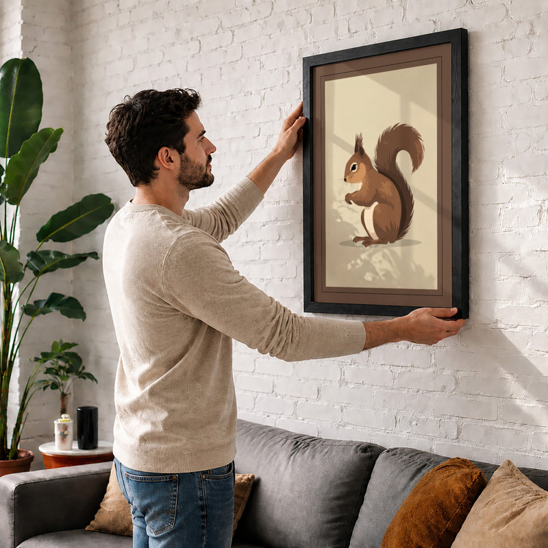 Upright Squirrel Botanical - Framed Print, A1 - 84.1 x 59.4 cm, White