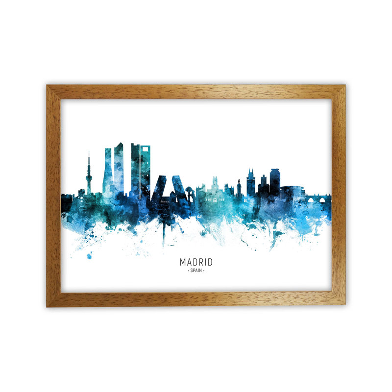 Madrid Spain Skyline Blue City Name by Michael Tompsett - Print, Oak Framed, 64cm H x 88cm W x 3cm D