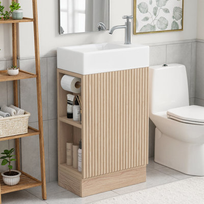 Meuble-lavabo moderne 18,6 po en MDF naturel avec lavabo en céramique, tablette réversible et porte-papier hygiénique, armoire de rangement moderne