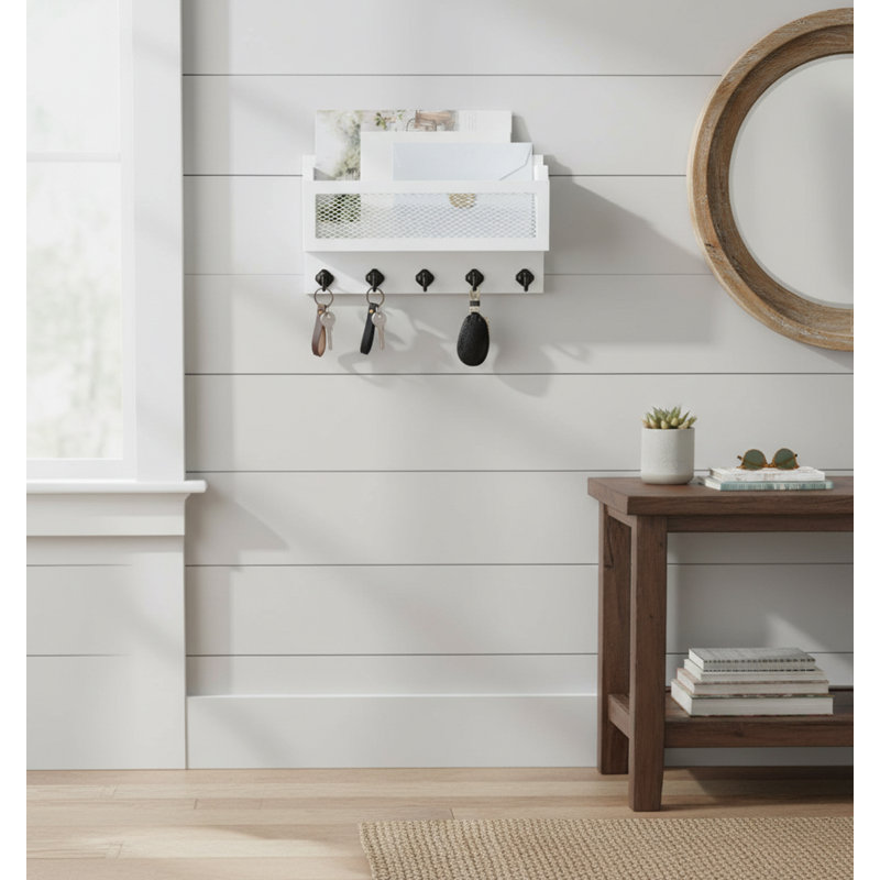 Wood Wall Organizer with Key Hooks, White