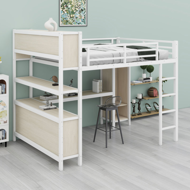 Loft Bed With Integrated Wardrobe, L-Shaped Desk, And Storage Shelves For Kids, Teens, And Adults, White Straight Grain