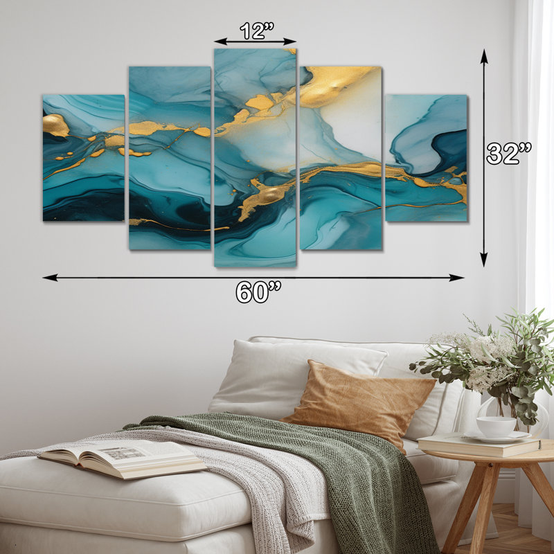 Turquoise doré infusé marbre II - Fractals Wall Art Living Room - 5 panneaux