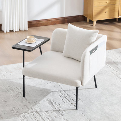 Fauteuil de loisirs, fauteuil de détente avec petite table et coussin de dossier, chaises rembourrées modernes avec pieds en métal et poches latérales, canapé simple pour le salon / la chambre / le jardin