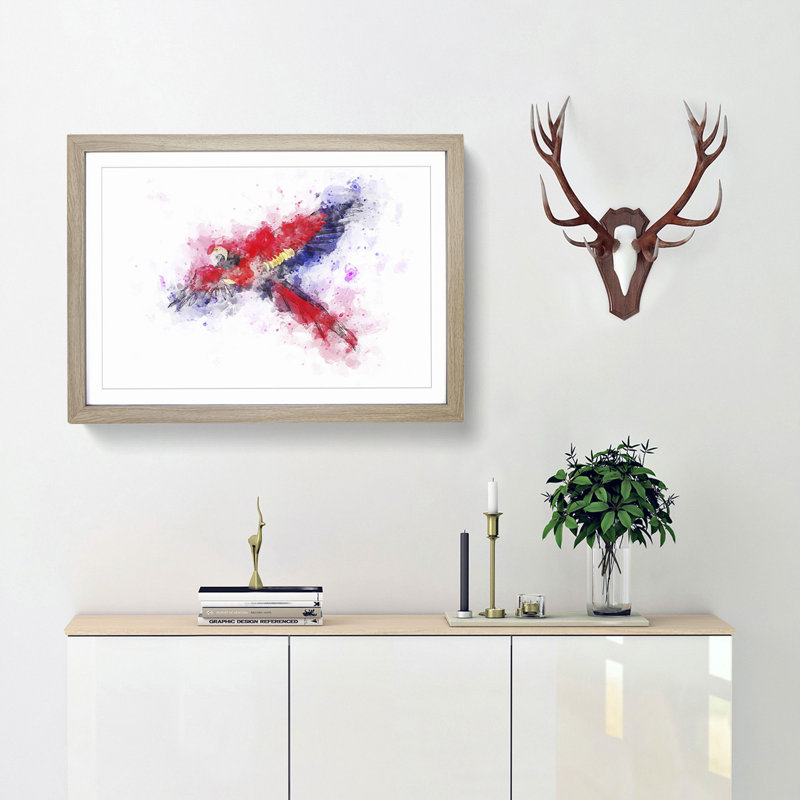 Scarlet Macaw Parrot in Flight in Abstract - Picture Frame Painting Print, 27cm H x 36cm W x 2cm D, Oak Framed