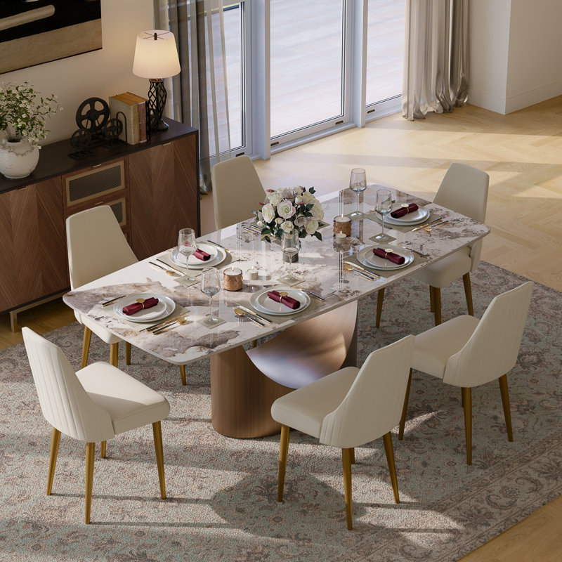Modern Dining Room Sets, Pre-Assembly Rectangular Dining Table Sets, Sintered Stone Tabletop Kitchen Dining Table Set With Upholstered PU Leather Chairs
