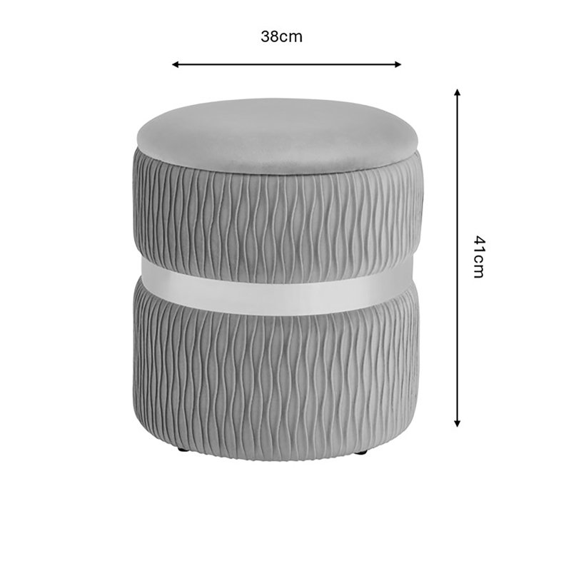 38cm Wide Velvet Round No Pattern Pouffe Ottoman with Storage, Grey