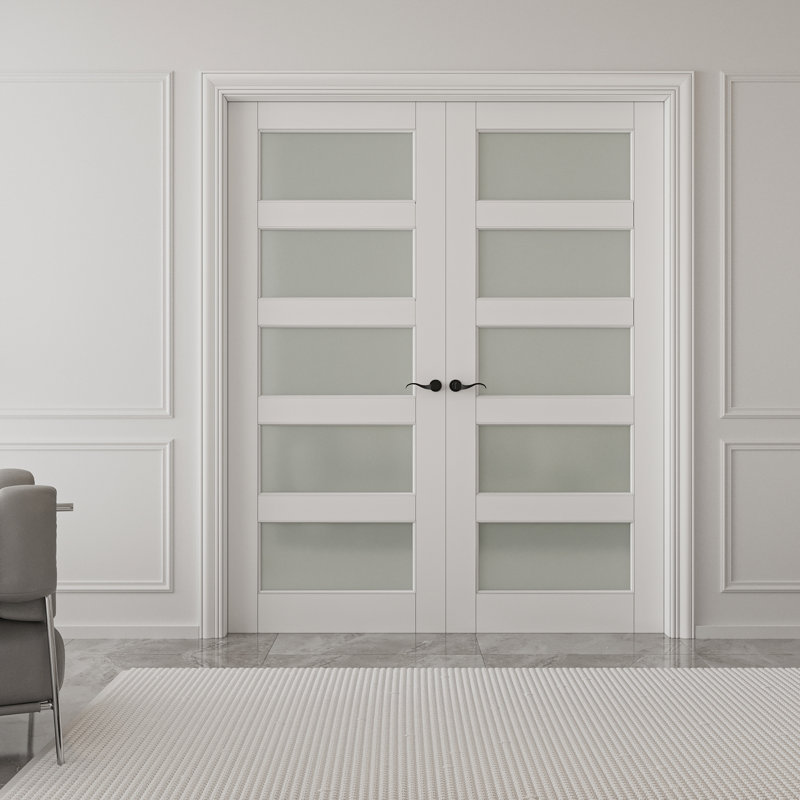 Porte française en verre givré 5-Lite, 64 po x 80 po, Quincaillerie noire