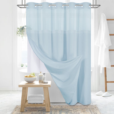 Waffle Instant Install Hook Shower Curtain with Snap-in Liner and Mesh Top Window, Modern Simple Elegant Fabric Shower Curtain Set for Bathroom