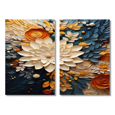Orange Teal Botanical Whirlwind - Abstract Botanicals Framed Wall Art, Orange Abstract Canvas Print Set of 2