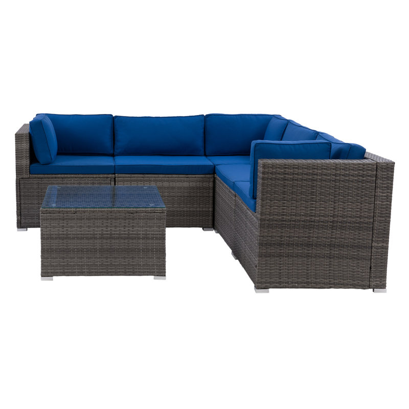 Ensemble de conversation modulaire en rotin avec coussins 6 pièces Newburyport, Bleu, Gris