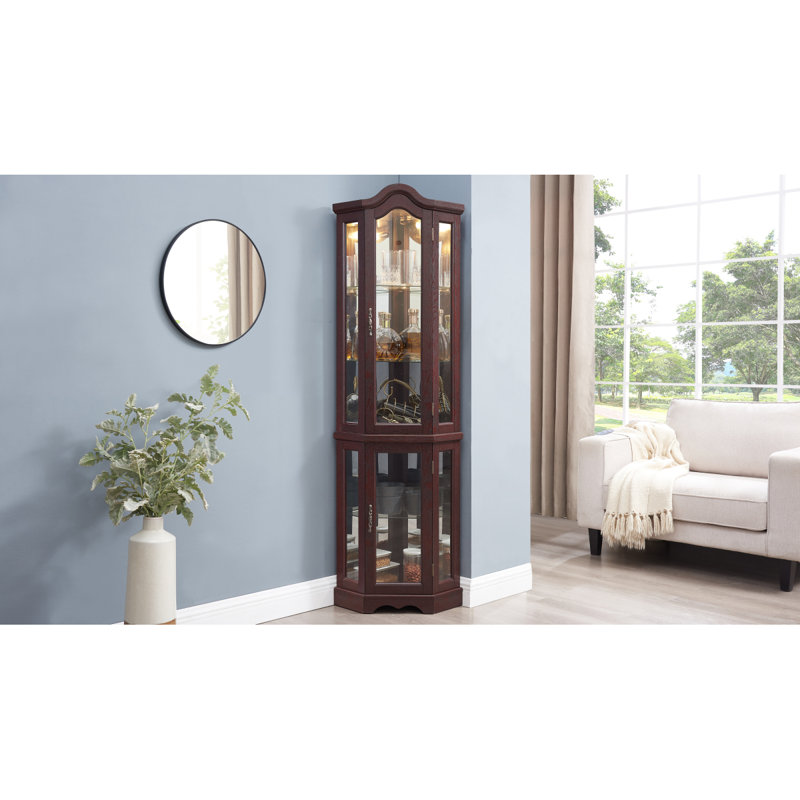 Lighted Corner Curio Cabinet With Tempered Glass Doors & Shelves - Elegant Oak Display Storage For Living Room & Bedroom Decor-Dark Cherry