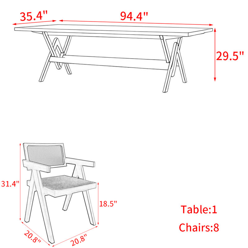 Modern simple full solid wood dining table set, 29.5"H x 94.4"L x 35.4"W