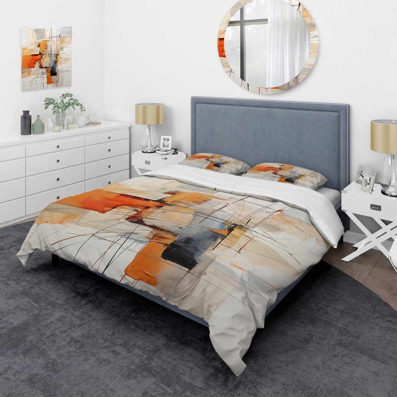 Ensemble de housse de couette en microfibre / polyester à motif abstrait orange et orange