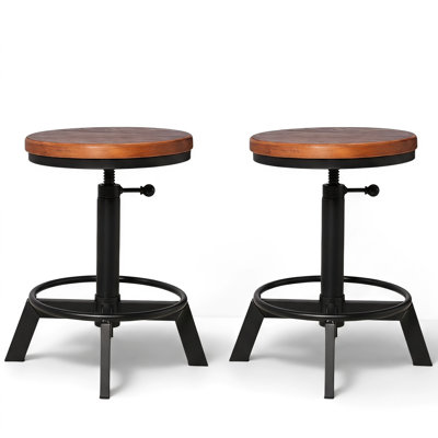 Ensemble de 2 tabourets de bar industriels à hauteur réglable, tabourets pivotants ronds en bois massif avec base en fer noir mat, tabourets de comptoir à hauteur réglable en spirale pour îlot de cuisine, bar et loft