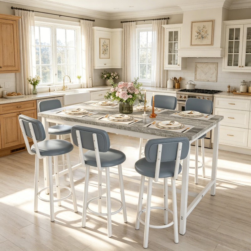 Ensemble de salle à manger moderne à hauteur de comptoir 6 pièces, longue table de bar rectangulaire avec 6 tabourets de bar en cuir, ensemble de table de pub en bois gris patiné avec cadre en métal blanc pour la maison et le petit appartement