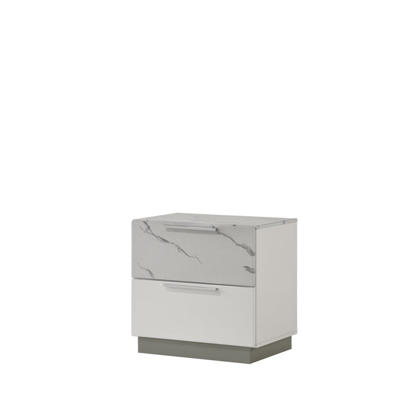 Table de chevet Mist - marbre bicolore ultrabrillant avec deux tiroirs, intérieur doublé de velours et design compact et élégant