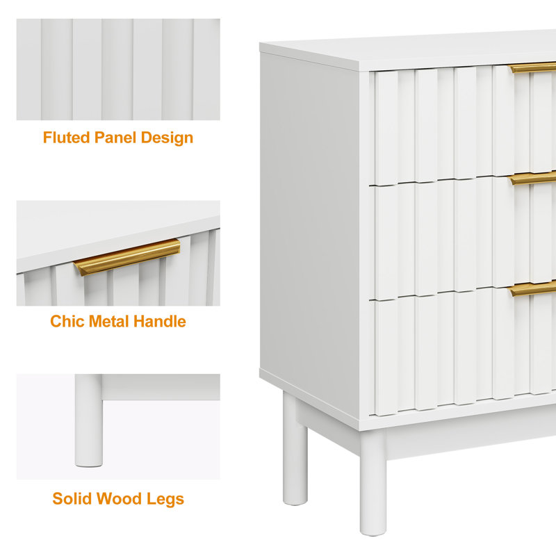 3 Drawer Dresser With Fluted Panel Design, White